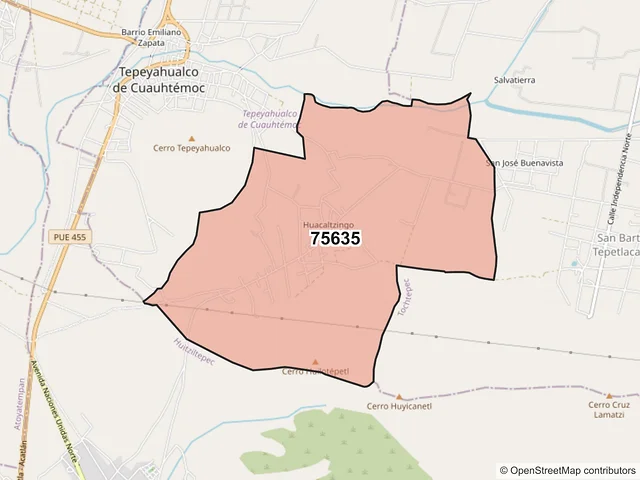 Mapa del código postal 75635, Tepeyahualco de Cuauhtémoc, Puebla