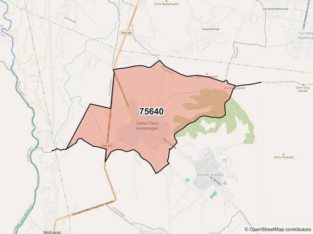 Mapa del código postal 75640, Huitziltepec, Puebla