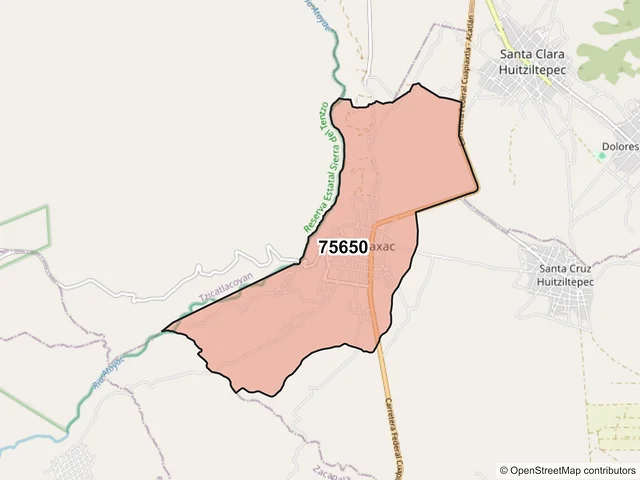 Mapa del código postal 75650, Molcaxac, Puebla