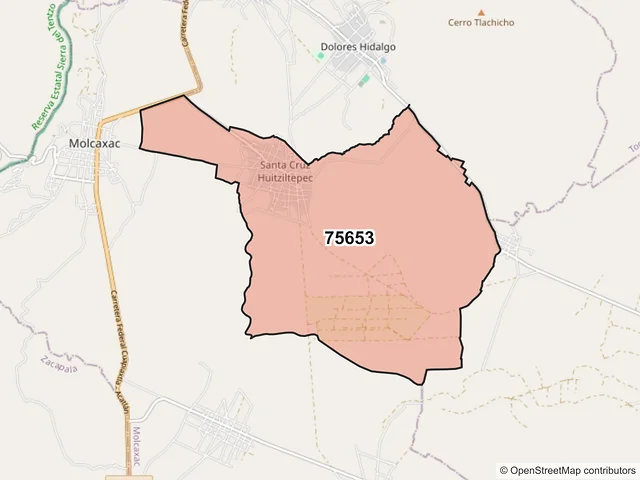 Mapa del código postal 75653, Molcaxac, Puebla