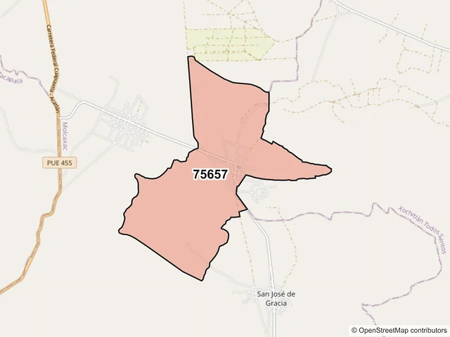 Mapa del código postal 75657, Molcaxac, Puebla