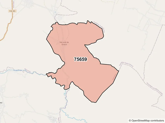 Mapa del código postal 75659, Molcaxac, Puebla