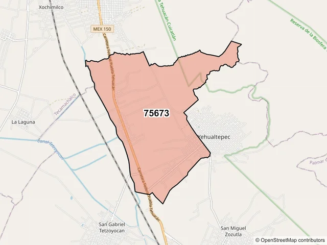 Mapa del código postal 75673, Yehualtepec, Puebla