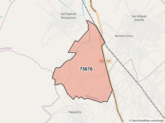 Mapa del código postal 75676, Yehualtepec, Puebla