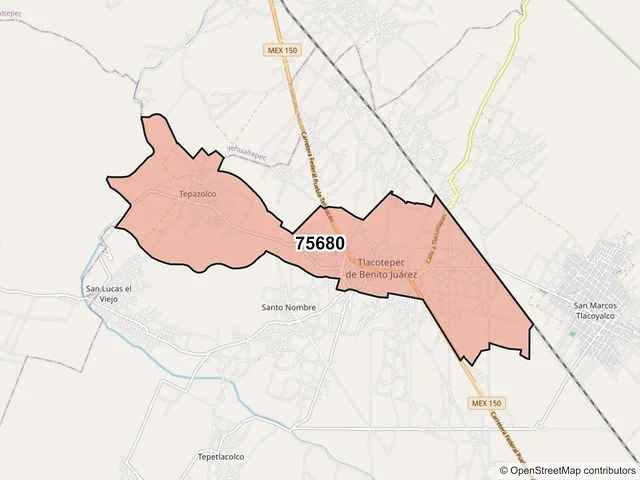 Mapa del código postal 75680, Tlacotepec de Benito Juárez, Puebla