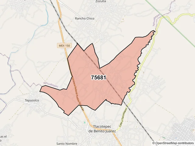 Mapa del código postal 75681, Tlacotepec de Benito Juárez, Puebla