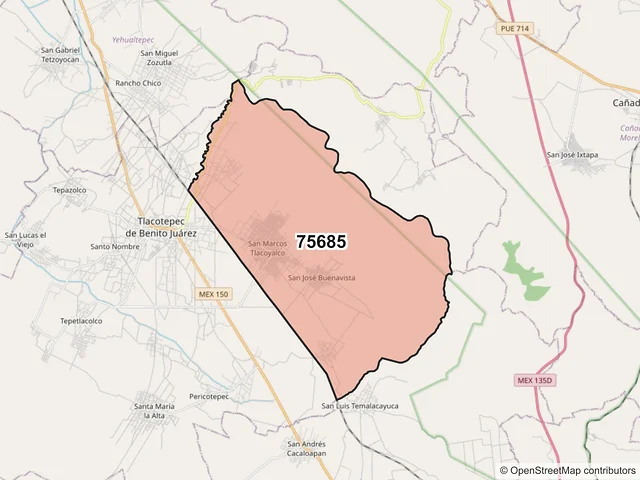 Mapa del código postal 75685, Tlacotepec de Benito Juárez, Puebla