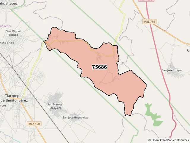 Mapa del código postal 75686, Tlacotepec de Benito Juárez, Puebla