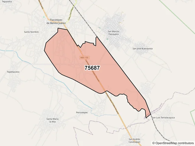 Mapa del código postal 75687, Tlacotepec de Benito Juárez, Puebla