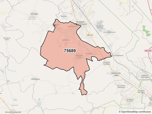 Mapa del código postal 75689, Tlacotepec de Benito Juárez, Puebla
