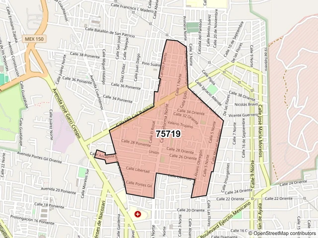 Mapa del código postal 75719, Tehuacán, Puebla
