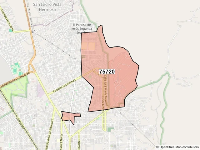 Mapa del código postal 75720, Tehuacán, Puebla