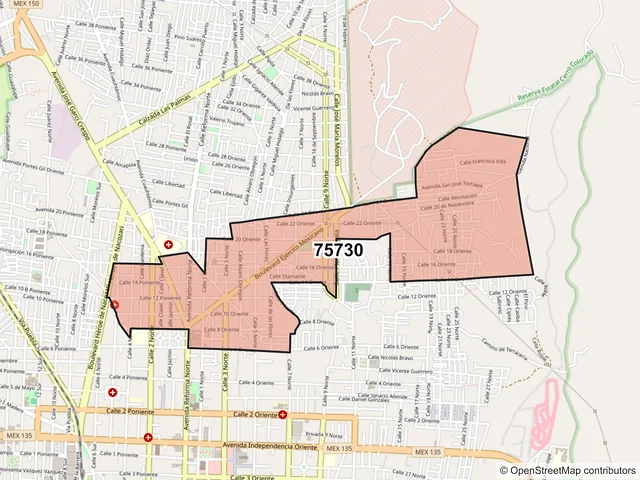 Mapa del código postal 75730, Tehuacán, Puebla