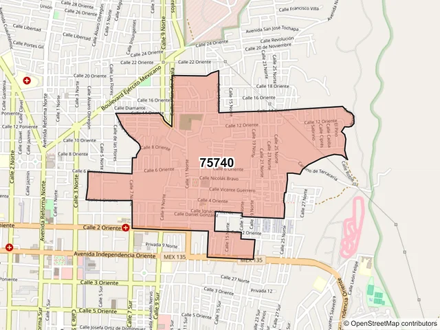 Mapa del código postal 75740, Tehuacán, Puebla