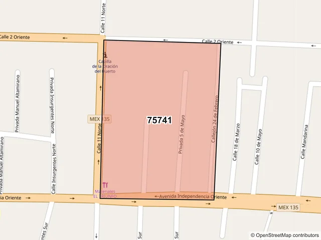 Mapa del código postal 75741, Tehuacán, Puebla