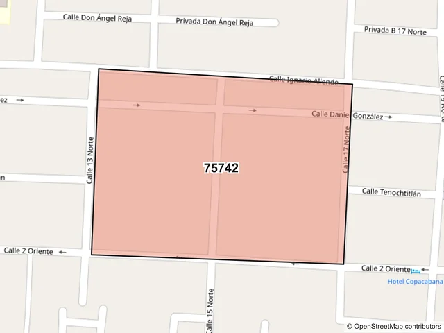 Mapa del código postal 75742, Tehuacán, Puebla