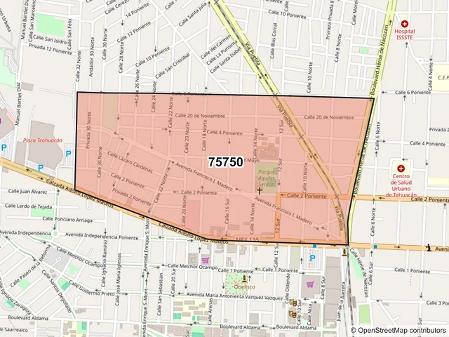 Mapa del código postal 75750, Tehuacán, Puebla