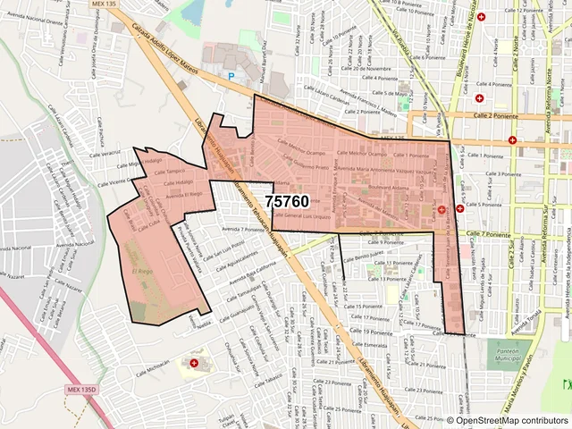 Mapa del código postal 75760, Tehuacán, Puebla