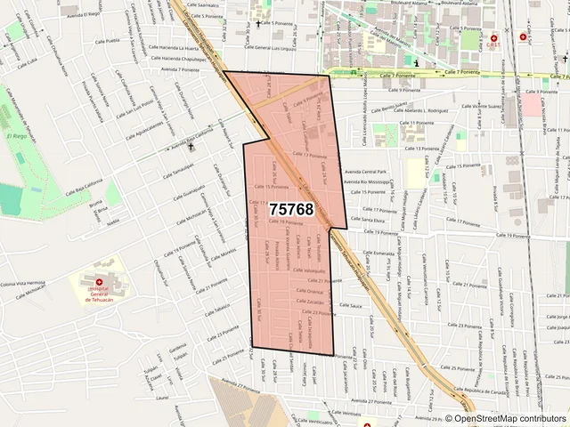 Mapa del código postal 75768, Tehuacán, Puebla