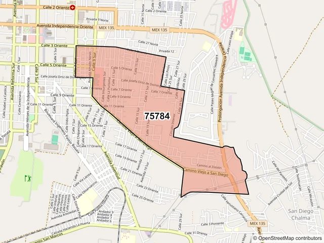 Mapa del código postal 75784, Tehuacán, Puebla