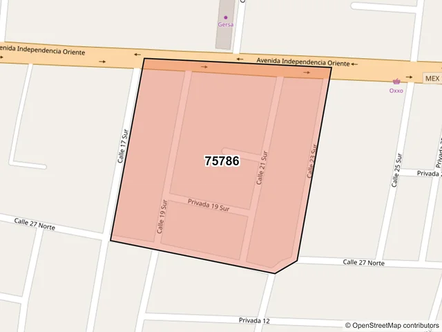 Mapa del código postal 75786, Tehuacán, Puebla