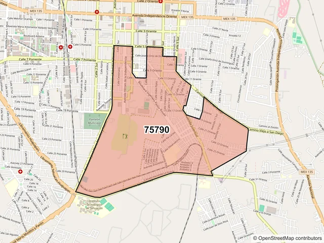 Mapa del código postal 75790, Tehuacán, Puebla