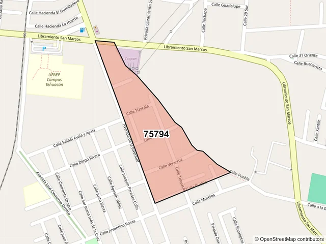 Mapa del código postal 75794, Tehuacán, Puebla