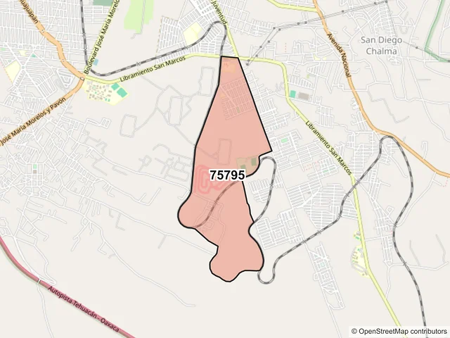 Mapa del código postal 75795, Tehuacán, Puebla