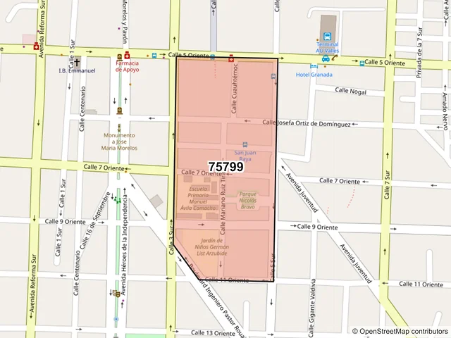 Mapa del código postal 75799, Tehuacán, Puebla