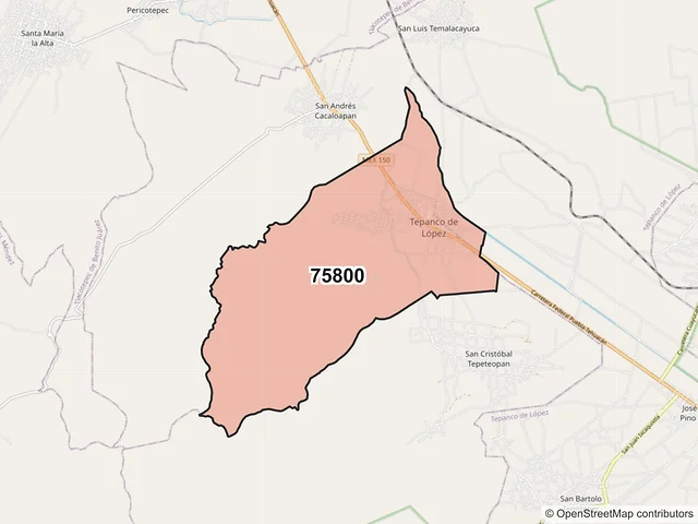 Mapa del código postal 75800, Tepanco de López, Puebla
