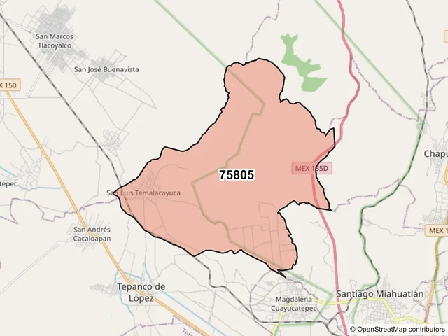 Mapa del código postal 75805, Tepanco de López, Puebla