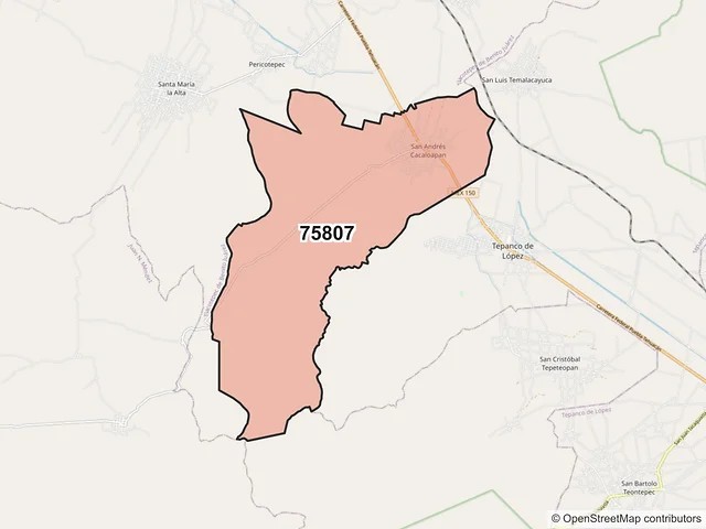 Mapa del código postal 75807, Tepanco de López, Puebla