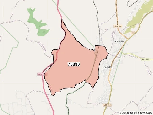 Mapa del código postal 75813, Chapulco, Puebla