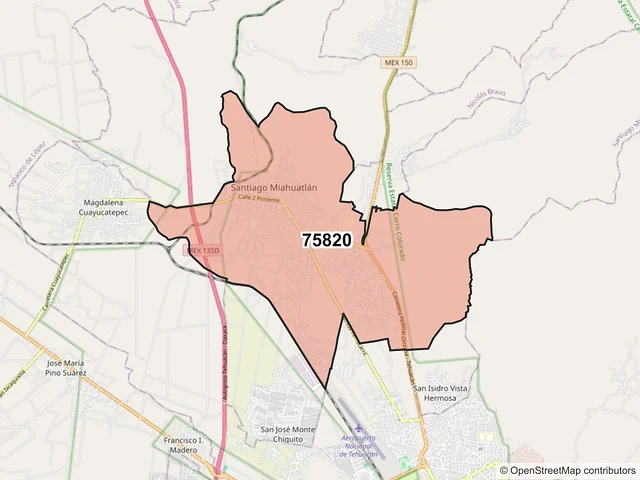 Mapa del código postal 75820, Santiago Miahuatlán, Puebla