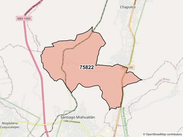 Mapa del código postal 75822, Santiago Miahuatlán, Puebla