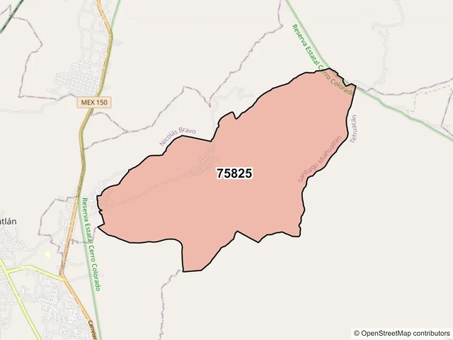 Mapa del código postal 75825, Santiago Miahuatlán, Puebla