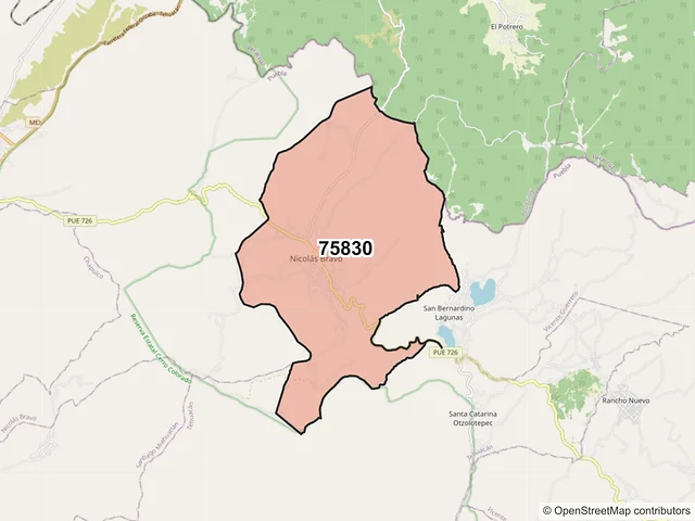 Mapa del código postal 75830, Nicolás Bravo, Puebla