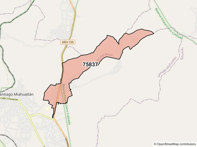 Mapa del código postal 75837, Nicolás Bravo, Puebla