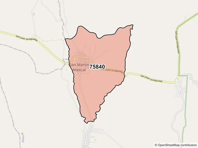 Mapa del código postal 75840, Atexcal, Puebla