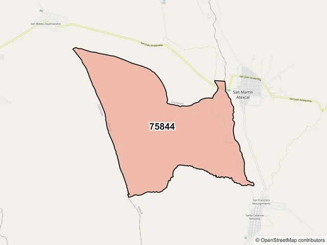 Mapa del código postal 75844, Atexcal, Puebla