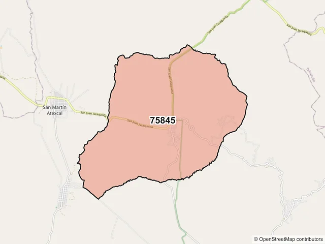 Mapa del código postal 75845, Atexcal, Puebla
