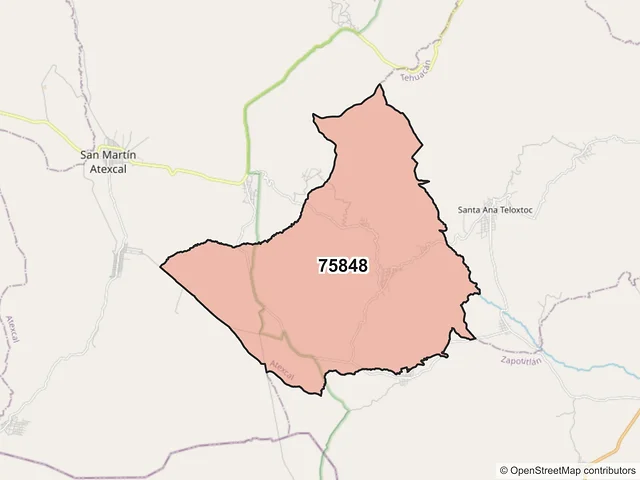 Mapa del código postal 75848, Atexcal, Puebla