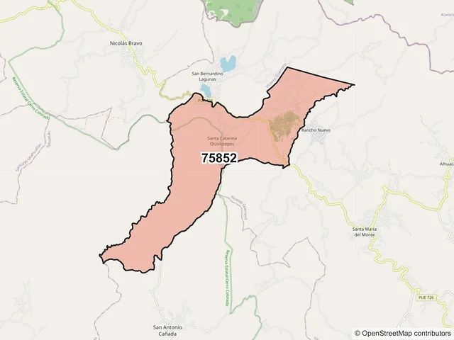 Mapa del código postal 75852, Tehuacán, Puebla