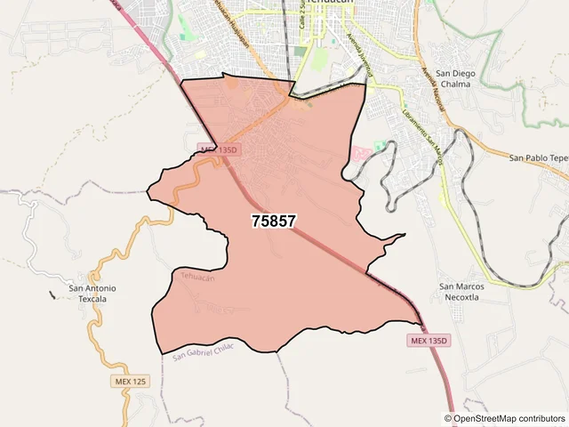 Mapa del código postal 75857, Tehuacán, Puebla