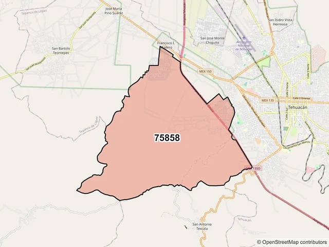 Mapa del código postal 75858, Tehuacán, Puebla