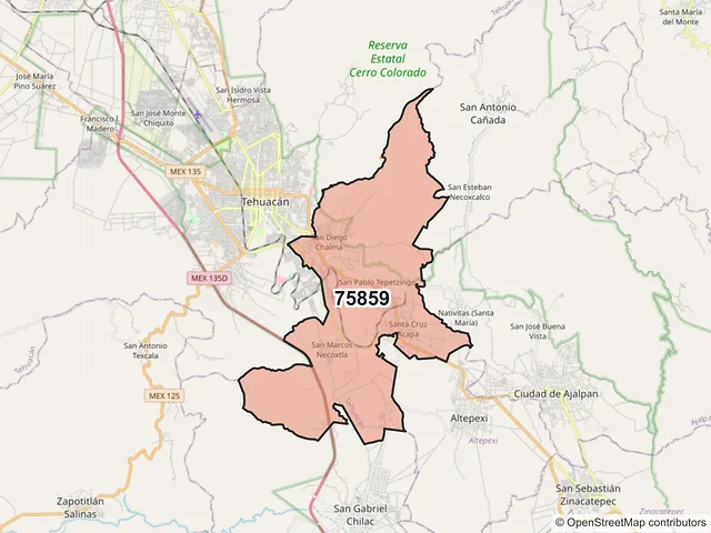 Mapa del código postal 75859, Tehuacán, Puebla