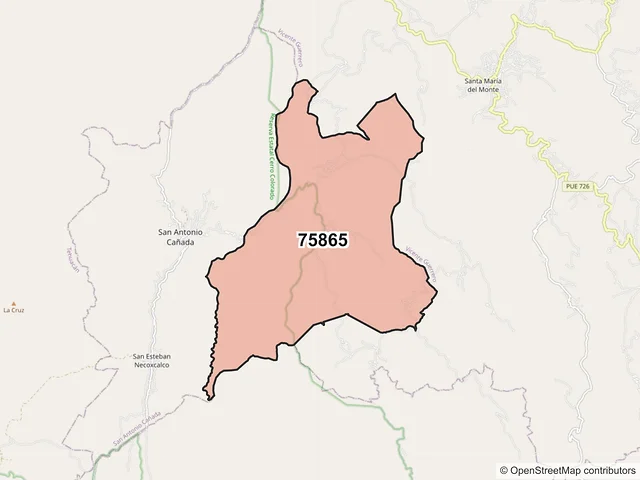 Mapa del código postal 75865, San Antonio Cañada, Puebla