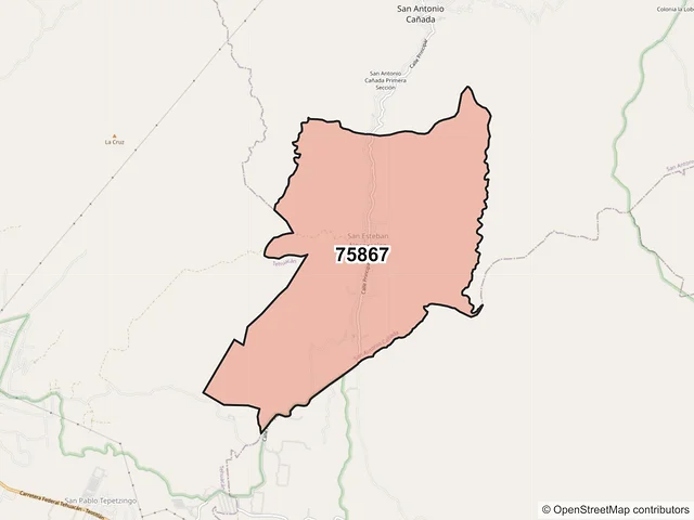 Mapa del código postal 75867, San Antonio Cañada, Puebla