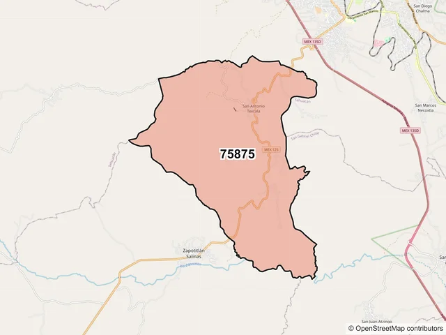 Mapa del código postal 75875, Zapotitlán, Puebla