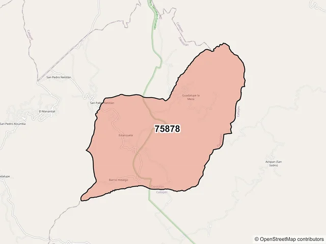 Mapa del código postal 75878, Zapotitlán, Puebla